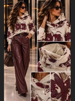 Bluza z kapturem w kolorze bordowym i śmietankowym z jasnymi  ściągaczami